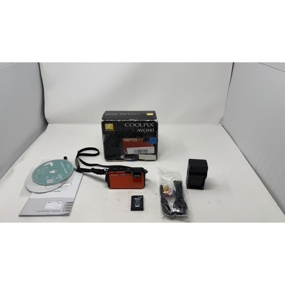 Nikon COOLPIX AW100 Orange Compact Digital Camera w/Charger Battery